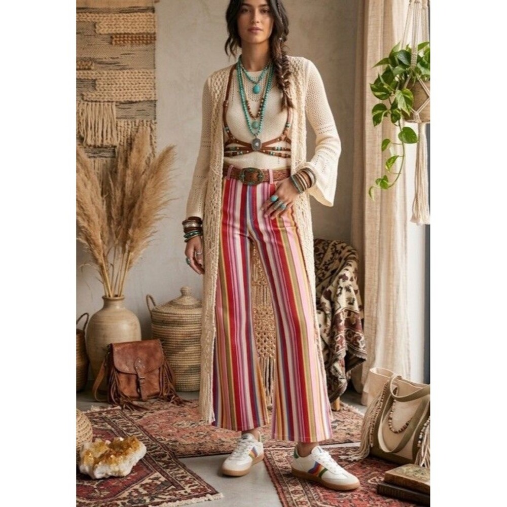 ZARA Striped Flare Leg Pants Multi-Color Rainbow Boho Y2K Retro Hippie Size 10